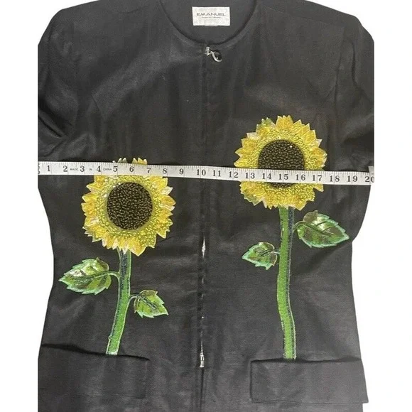 Vtg Emanuel Ungaro Beaded Sequin 3D Sunflowers Linen Designer Black Jacket 10/12